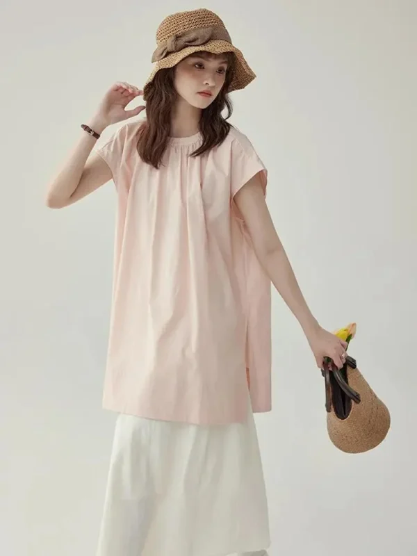 Vintage Loose Simple Lazy Wind O Neck Casual Preppy Style Oversize Lady Short Sleeve Tops