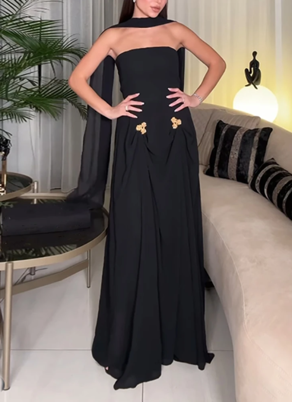 Vintage Metal Pin Design Long Dress With Scarf Strapless Sleeveless Flods Dresses