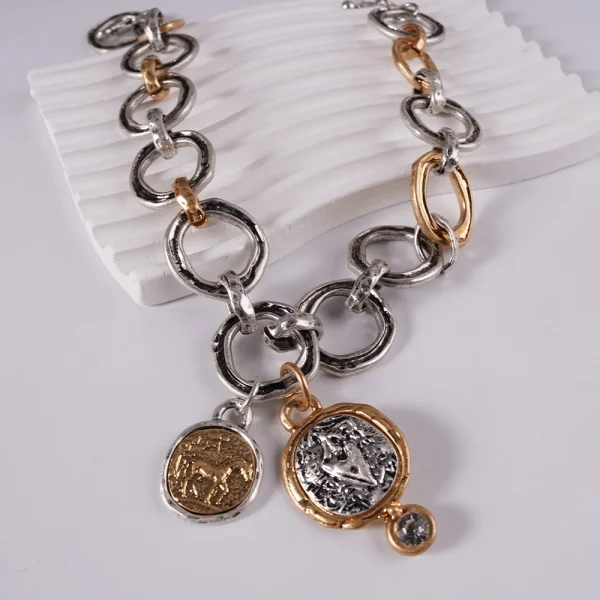 Vintage Metal Rhinestones Stainless Steel Chain Circular Coin Pendant Necklace - Image 3