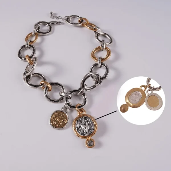 Vintage Metal Rhinestones Stainless Steel Chain Circular Coin Pendant Necklace - Image 5