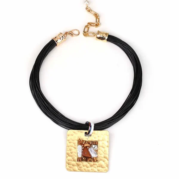 Vintage Metal Rhinestones Trendy Statement With Square Pendant Necklace - Image 3