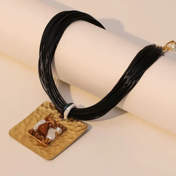 Vintage Metal Rhinestones Trendy Statement With Square Pendant Necklace - Image 4
