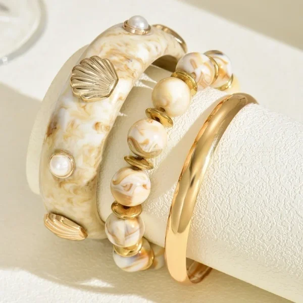 Vintage Pearl Shell Resin One Set Bohemian Ethnic Beads Strand Bracelet Bangle Sets - Image 2