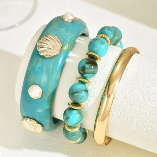 Vintage Pearl Shell Resin One Set Bohemian Ethnic Beads Strand Bracelet Bangle Sets - Image 3