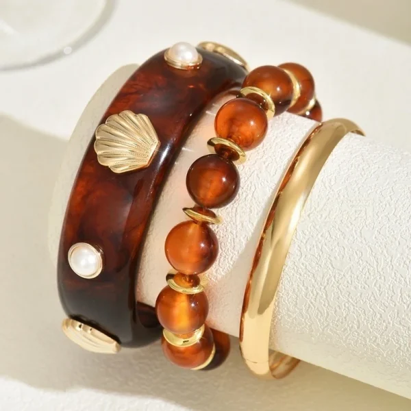 Vintage Pearl Shell Resin One Set Bohemian Ethnic Beads Strand Bracelet Bangle Sets - Image 4