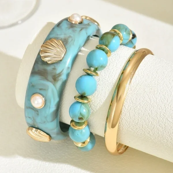 Vintage Pearl Shell Resin One Set Bohemian Ethnic Beads Strand Bracelet Bangle Sets - Image 5