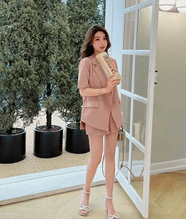 Vintage Peter Pan Collar Blazer Low Waist Shorts 2 Piece Loose Suits - Image 4