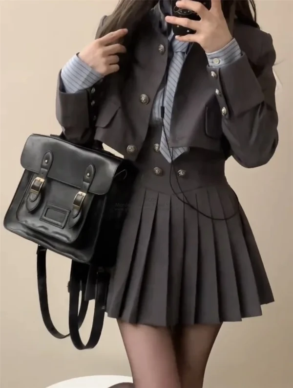 Vintage Preppy Style Short Coat Pleated And Striped Shirt 3 Piece Set - Image 7