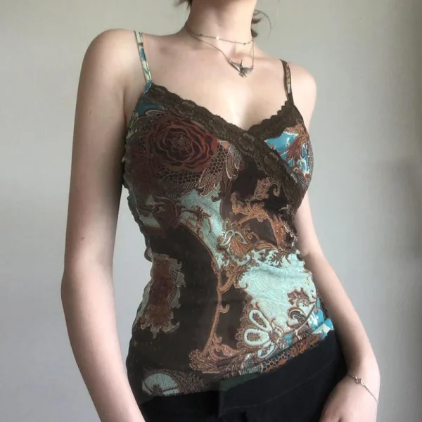 Vintage Printed Lace Patchwork Camisoles Casual Spaghetti Strap Slim Fit Tank Tops - Image 2