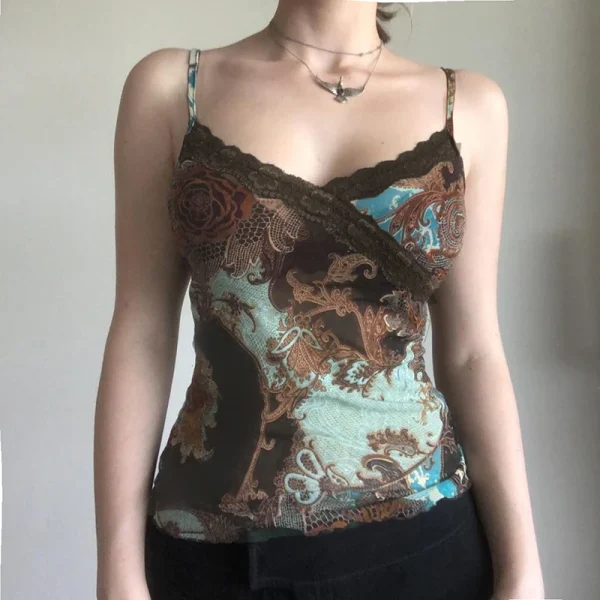 Vintage Printed Lace Patchwork Camisoles Casual Spaghetti Strap Slim Fit Tank Tops