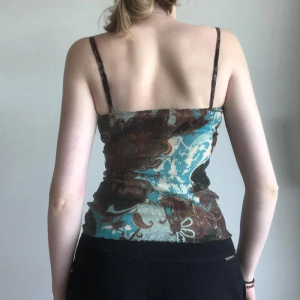 Vintage Printed Lace Patchwork Camisoles Casual Spaghetti Strap Slim Fit Tank Tops - Image 3