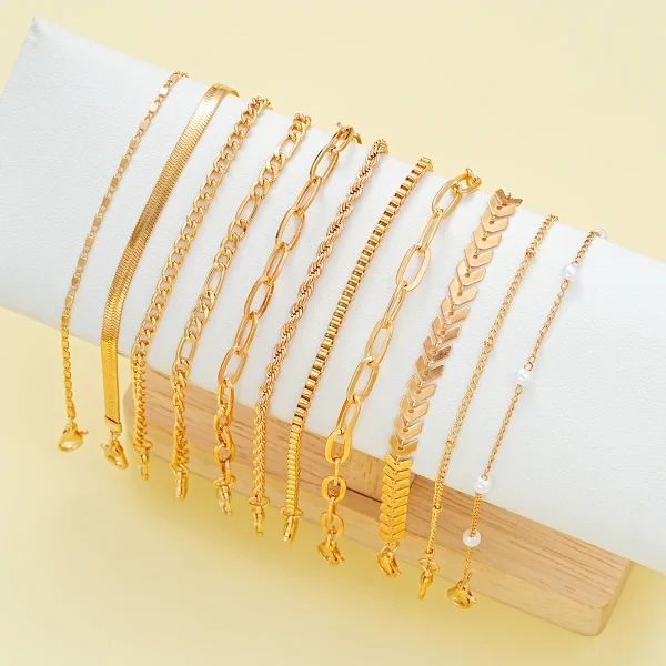 Vintage Simple Pearl Chain On Leg Beach Foot Boho Multi Layer Anklets 11 Pcs Set - Image 2