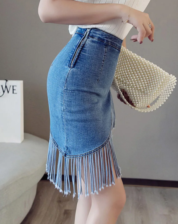 Vintage Tassel Denim Zipper High Waist Mini Jeans Warp Skirts - Image 9
