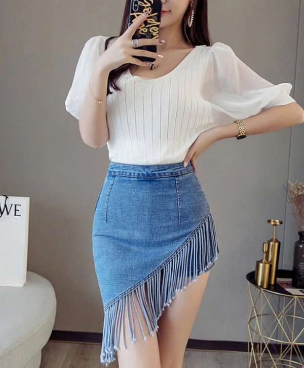 Vintage Tassel Denim Zipper High Waist Mini Jeans Warp Skirts