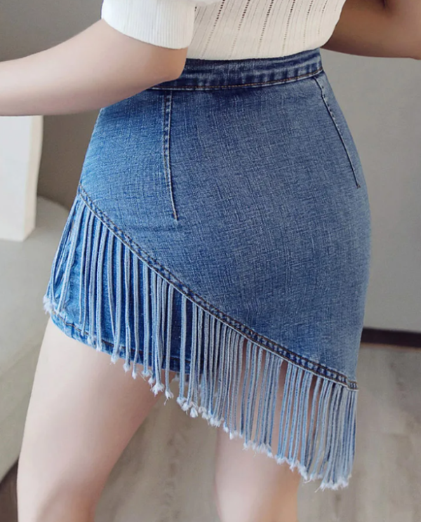 Vintage Tassel Denim Zipper High Waist Mini Jeans Warp Skirts - Image 12