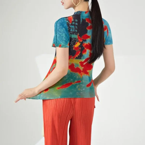 Vintage Turtleneck Fish Print Folds Tees Irregular Slim Waist Tops - Image 6
