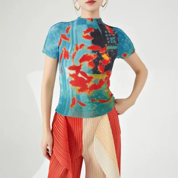 Vintage Turtleneck Fish Print Folds Tees Irregular Slim Waist Tops - Image 5