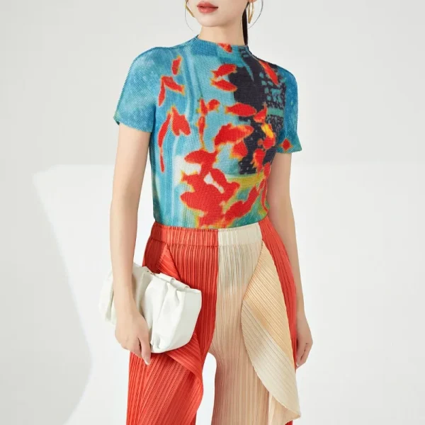 Vintage Turtleneck Fish Print Folds Tees Irregular Slim Waist Tops - Image 4