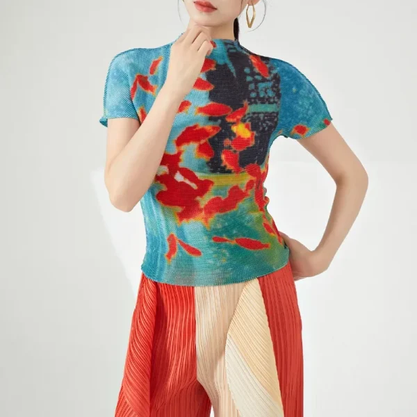 Vintage Turtleneck Fish Print Folds Tees Irregular Slim Waist Tops - Image 3