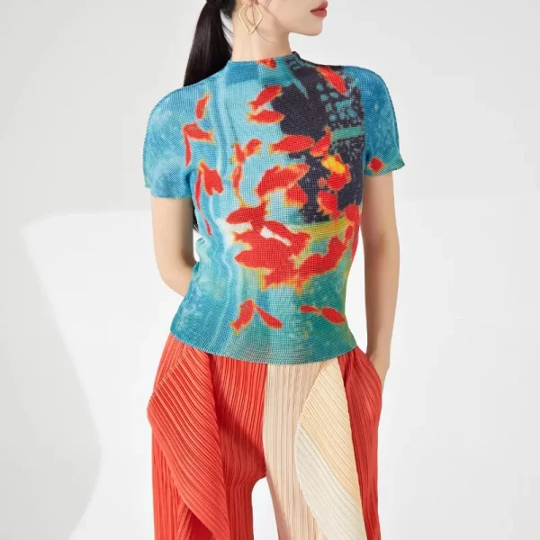 Vintage Turtleneck Fish Print Folds Tees Irregular Slim Waist Tops - Image 2