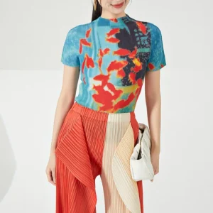 Vintage Turtleneck Fish Print Folds Tees Irregular Slim Waist Tops