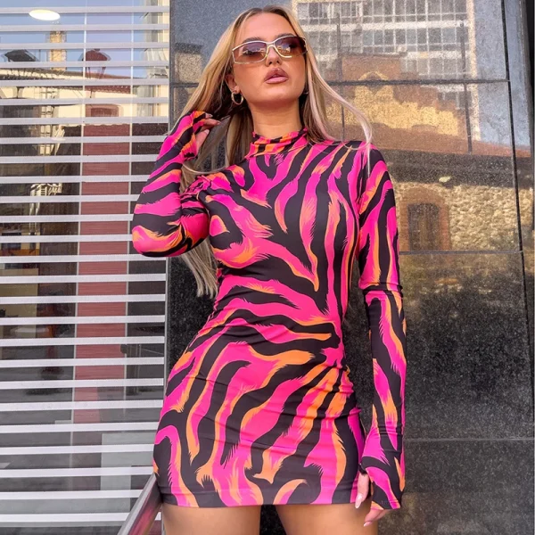Zebra Print Striped Long Sleeved Pullover Wrap Tights Half-high Collar Mini Dress - Image 2