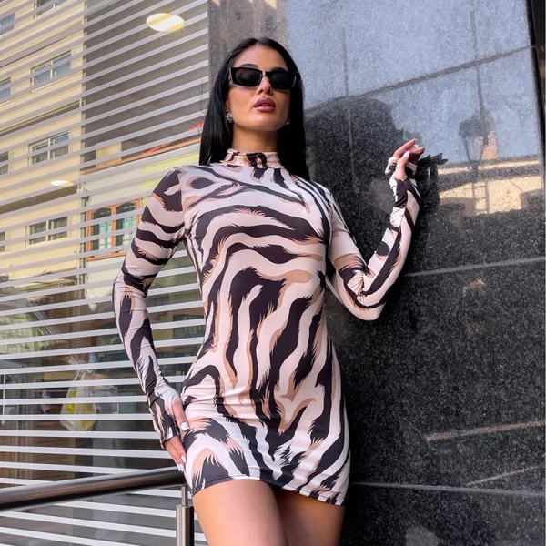 Zebra Print Striped Long Sleeved Pullover Wrap Tights Half-high Collar Mini Dress - Image 4