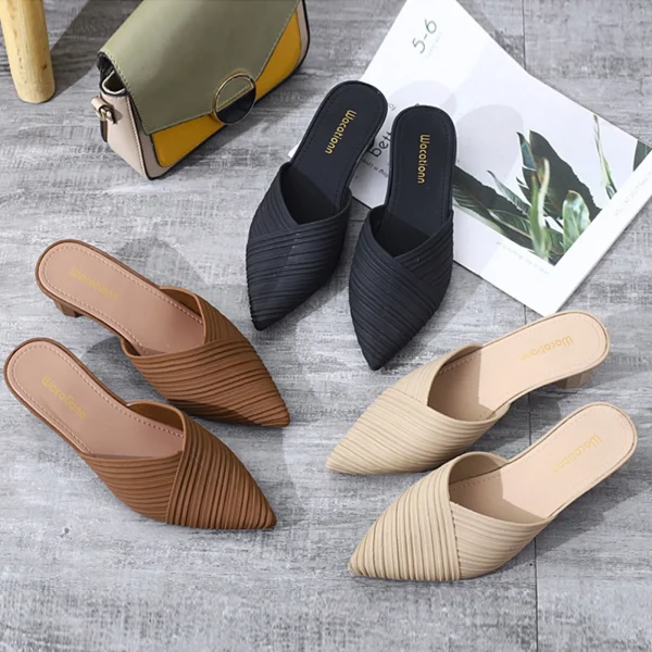 Classic Buckle Strap Pointed Toe Low Flip Flops Heels Sandals - Image 7
