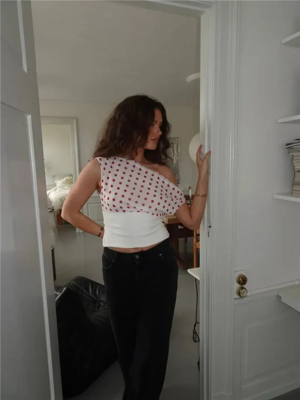 Backless Polka Dot Oblique Shoulder Pullovers Sleeveless Tank Tops - Image 5
