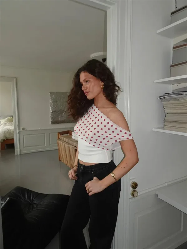Backless Polka Dot Oblique Shoulder Pullovers Sleeveless Tank Tops - Image 3