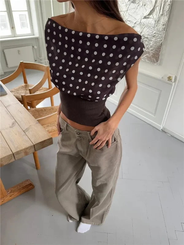 Backless Polka Dot Oblique Shoulder Pullovers Sleeveless Tank Tops - Image 14