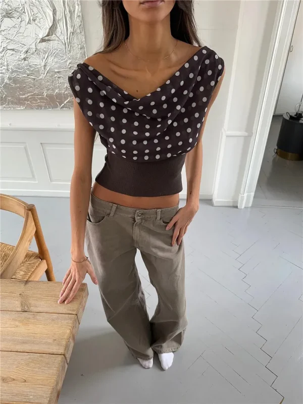 Backless Polka Dot Oblique Shoulder Pullovers Sleeveless Tank Tops - Image 12