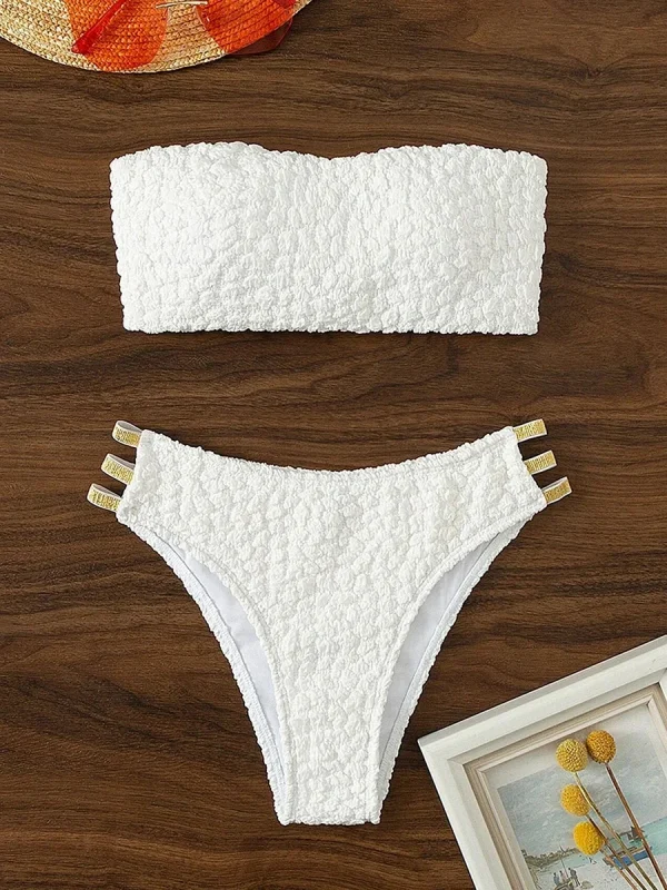 Bandeau Wrinkled Strappy Bikini Swimsuit Swimwear Two-pieces Bikini Set - Image 2