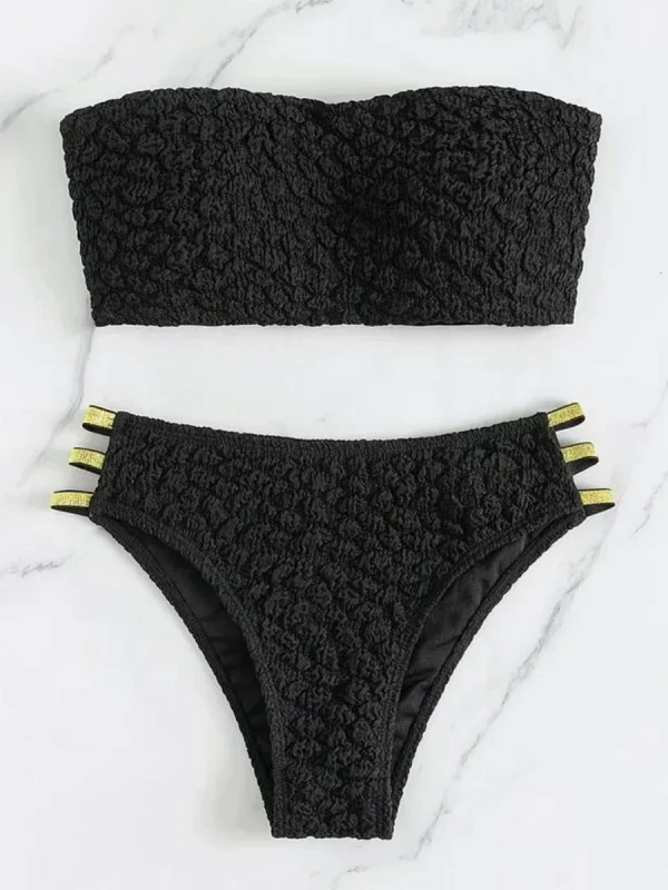 Bandeau Wrinkled Strappy Bikini Swimsuit Swimwear Two-pieces Bikini Set - Image 6