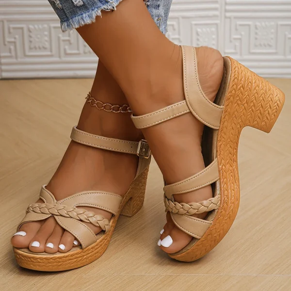 Beach Style Gladiator Ankle Straps Braided Chunky Platform High Heels Sandals - Image 2