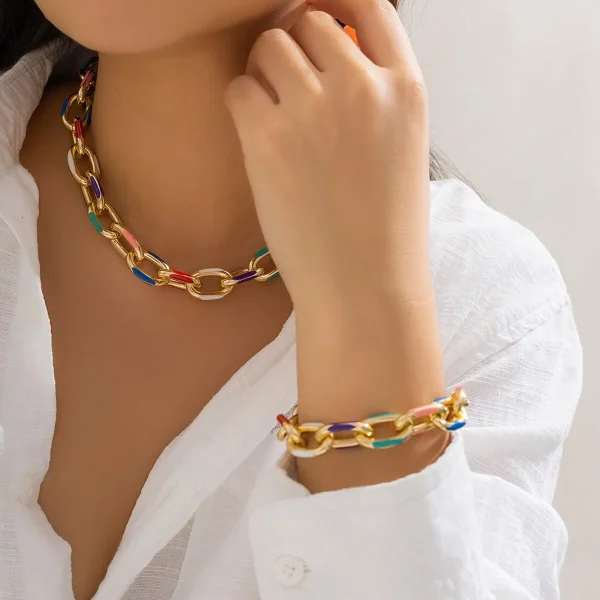 Bohemian Geometric Cross Chain Choker Necklace Bracelet Jewelry 2Pcs Set - Image 4