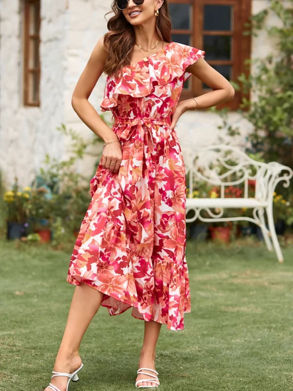 Bohemian Style Sleeveless Shoulder Elastic Waist Ruffle Twisted Layers Dress