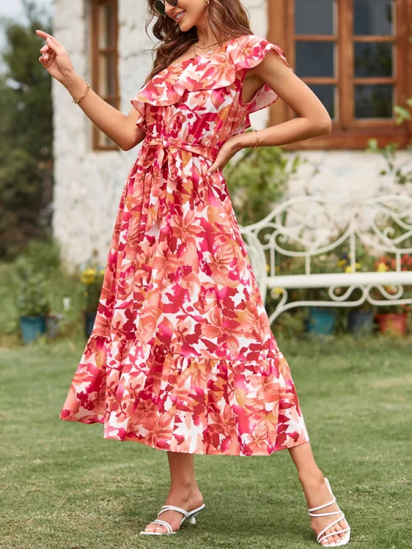 Bohemian Style Sleeveless Shoulder Elastic Waist Ruffle Twisted Layers Dress - Image 2