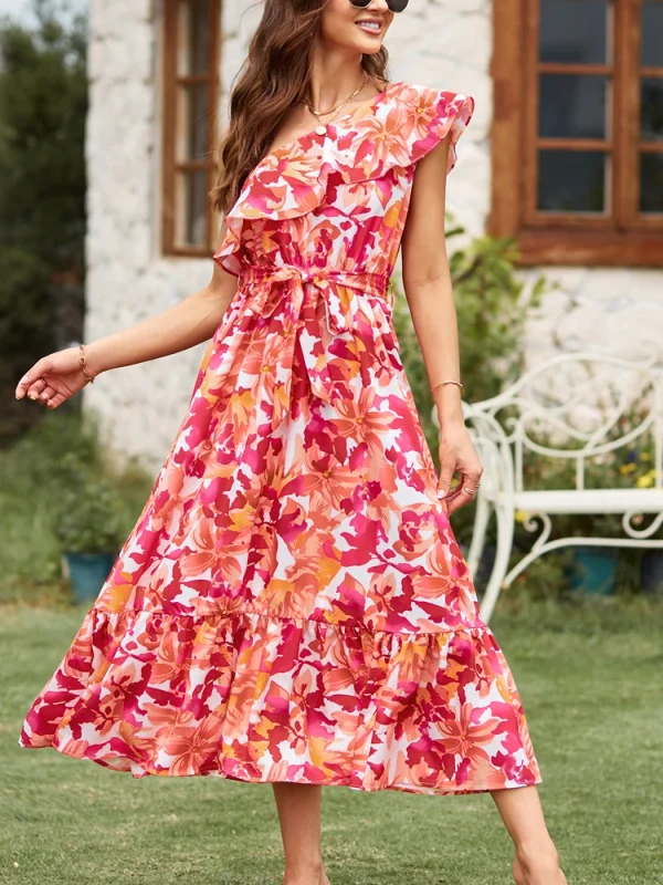 Bohemian Style Sleeveless Shoulder Elastic Waist Ruffle Twisted Layers Dress - Image 4