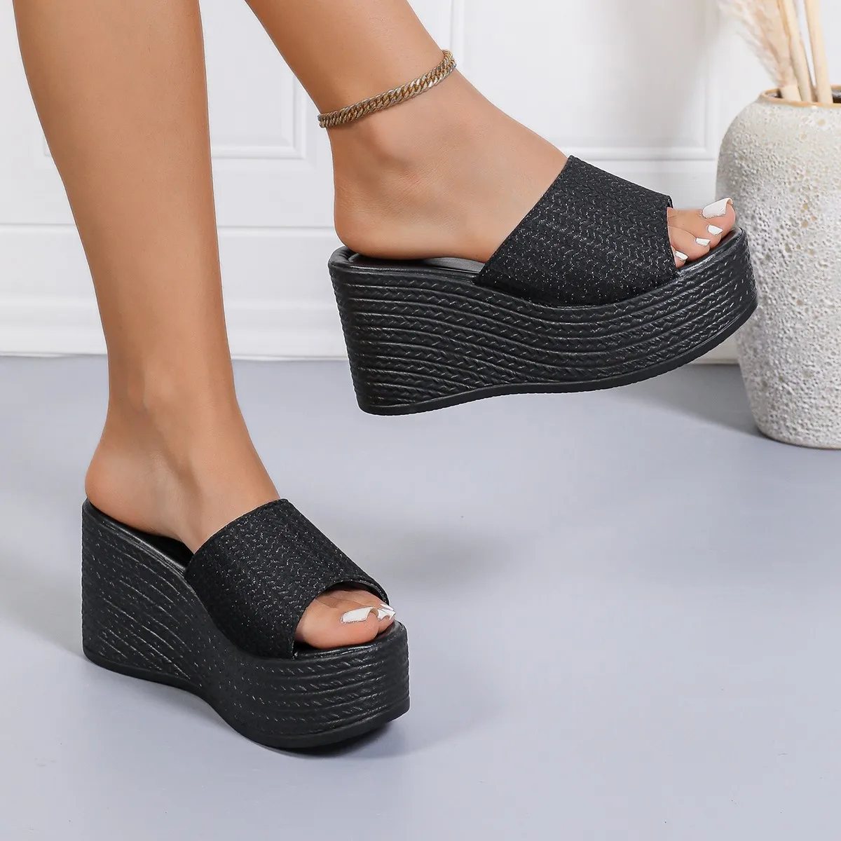 Casual Beach Style Weave Pattern Platform Wedges High Heel Sandals - Image 3