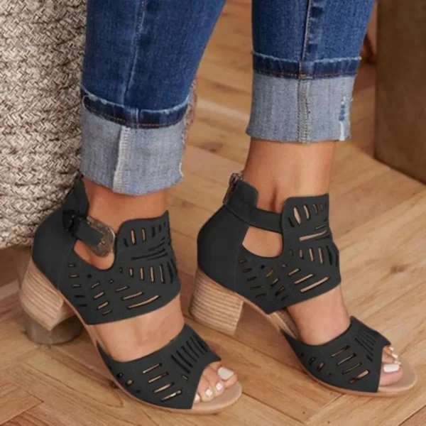 Boho Artificial Leather With Buckles Low Block Heel Sandals - Image 8