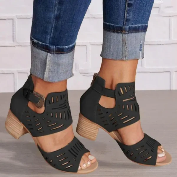 Boho Artificial Leather With Buckles Low Block Heel Sandals - Image 9