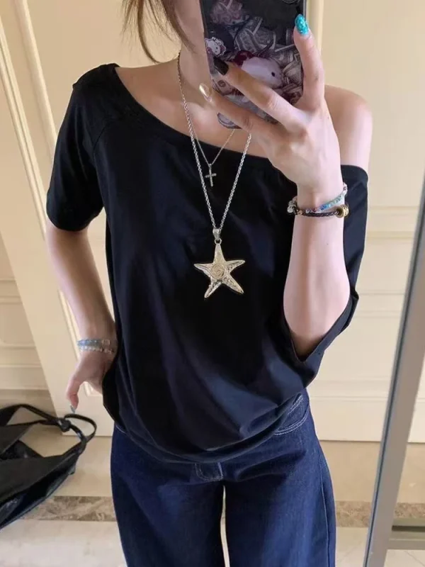 Casual Design Off Shoulder Solid Short Sleeve Chic Loose T-shirts - Image 2