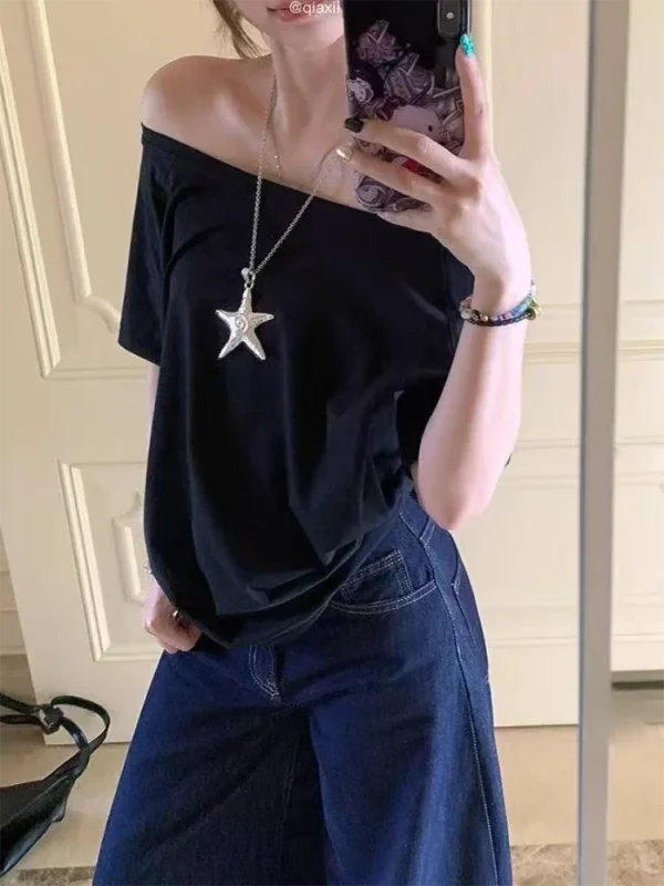 Casual Design Off Shoulder Solid Short Sleeve Chic Loose T-shirts - Image 3