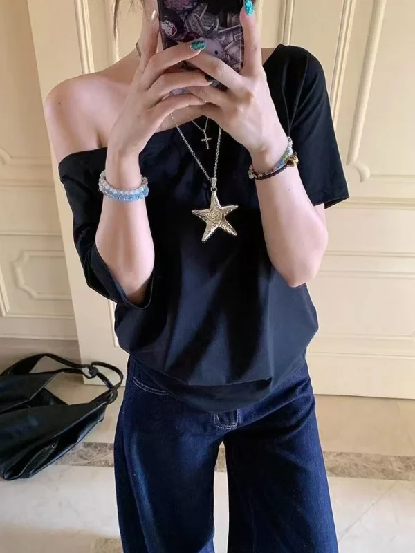 Casual Design Off Shoulder Solid Short Sleeve Chic Loose T-shirts - Image 4
