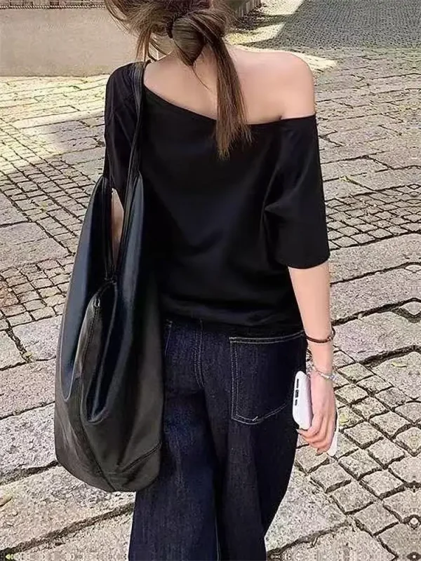 Casual Design Off Shoulder Solid Short Sleeve Chic Loose T-shirts - Image 5