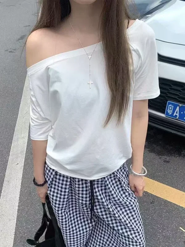 Casual Design Off Shoulder Solid Short Sleeve Chic Loose T-shirts - Image 6