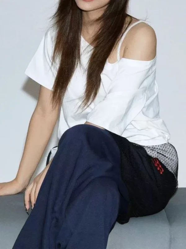 Casual Design Off Shoulder Solid Short Sleeve Chic Loose T-shirts - Image 7