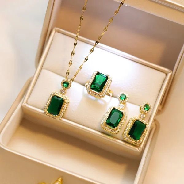 Casual Exquisite Quadrate Rhinestone Necklace Earrings Ring Jewelry Set