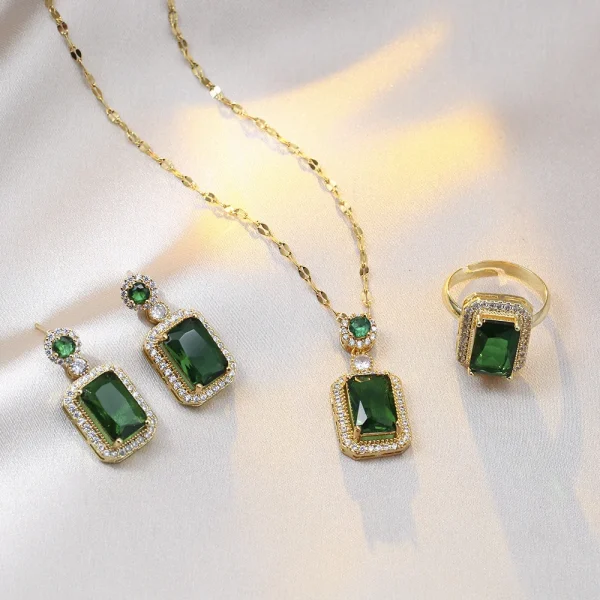 Casual Exquisite Quadrate Rhinestone Necklace Earrings Ring Jewelry Set - Image 2